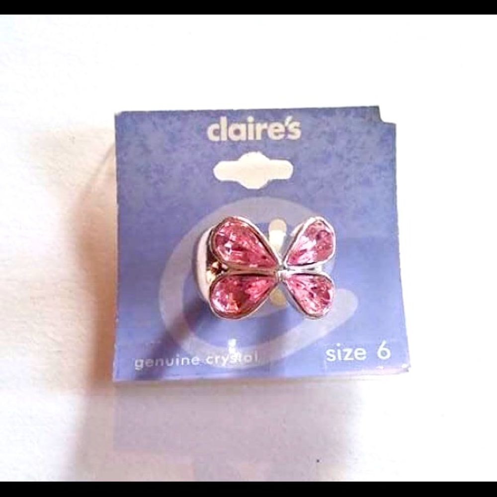 Silver tone pink butterfly crystal ring